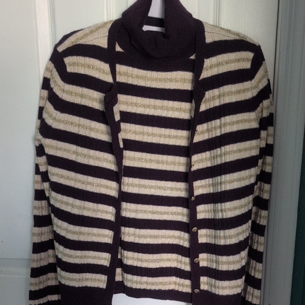 Ann Taylor Striped Cardigan Cardigan And Sweater Set - Deep Purple and Cream